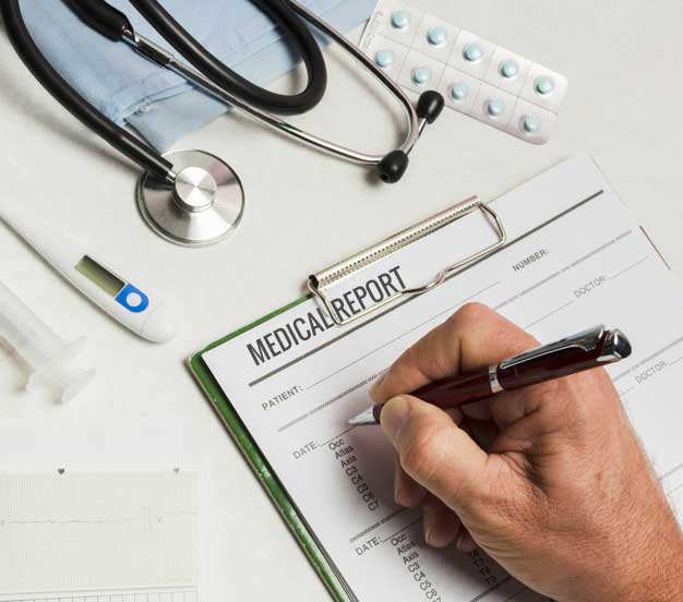 Patient's Medical Report Writing in a medical document with Tablet, Stethoscope and Thermometer